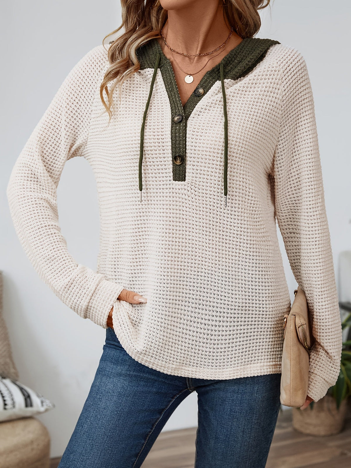 Women's Button-Neck Casual Hoodie in Beige