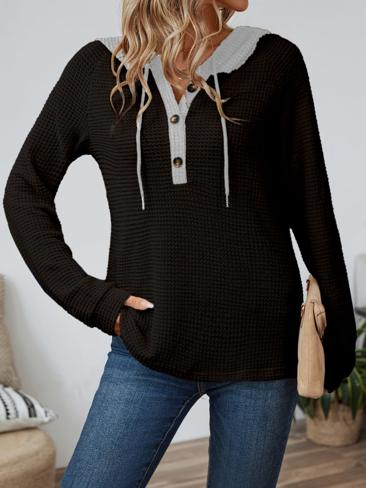 Women's Button-Neck Casual Hoodie in Black