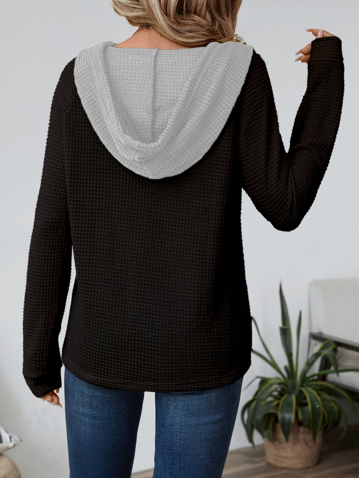 Women's Button-Neck Casual Hoodie in Black