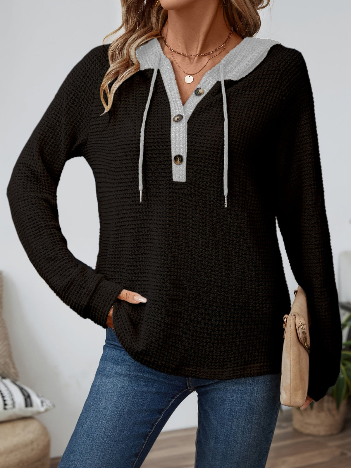 Women's Button-Neck Casual Hoodie in Black