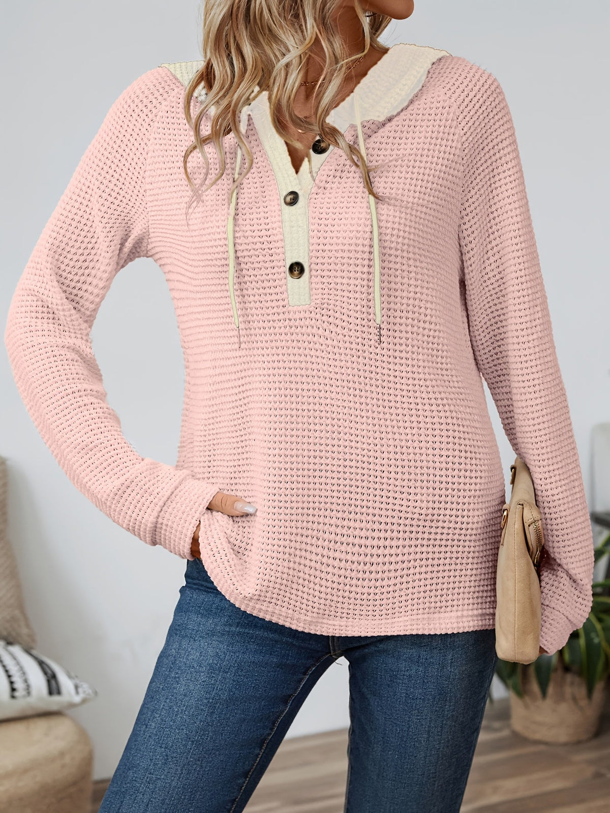 Women's Button-Neck Casual Hoodie in Light Pink