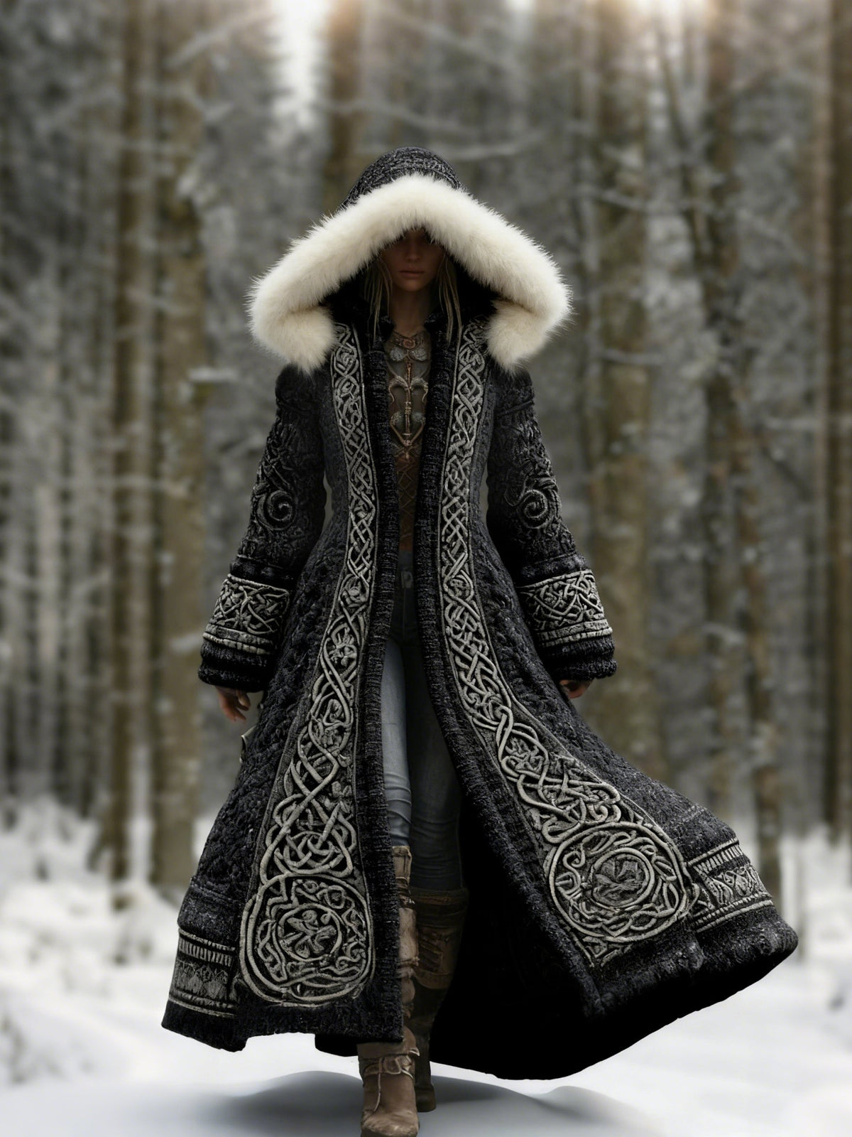 Women's Hooded Embroidered Casual Coat in Black