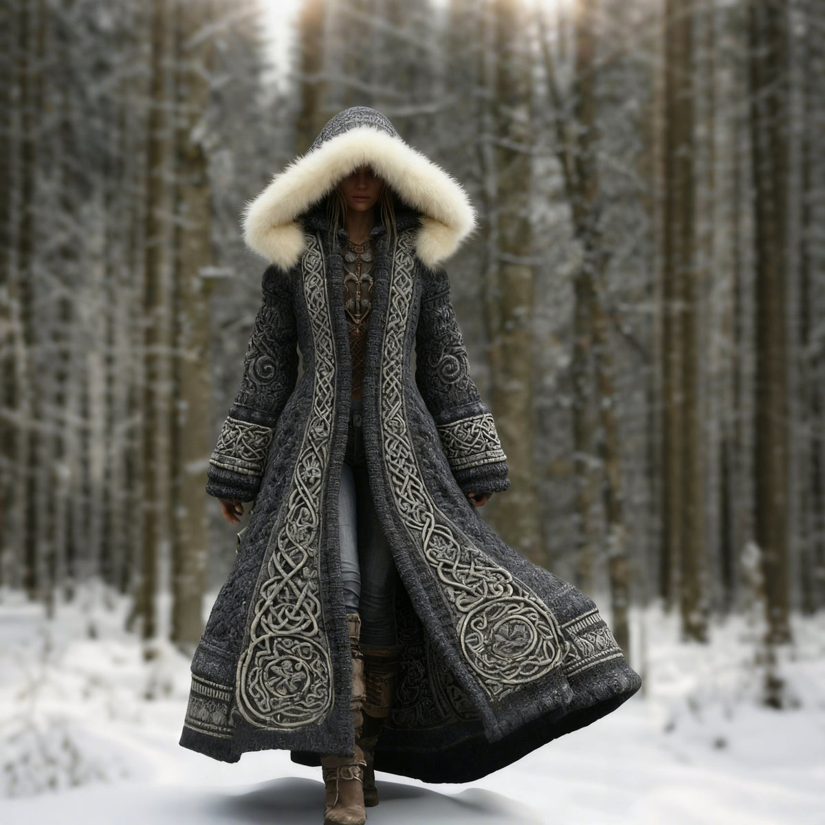 Women's Hooded Embroidered Casual Coat in Black