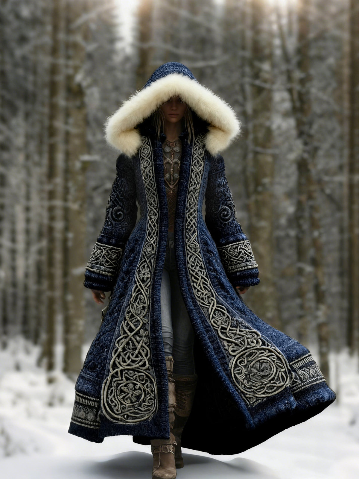 Women's Hooded Embroidered Casual Coat in Blue