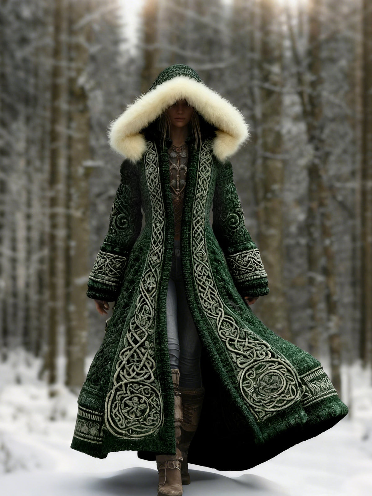 Women's Hooded Embroidered Casual Coat in Dark Green