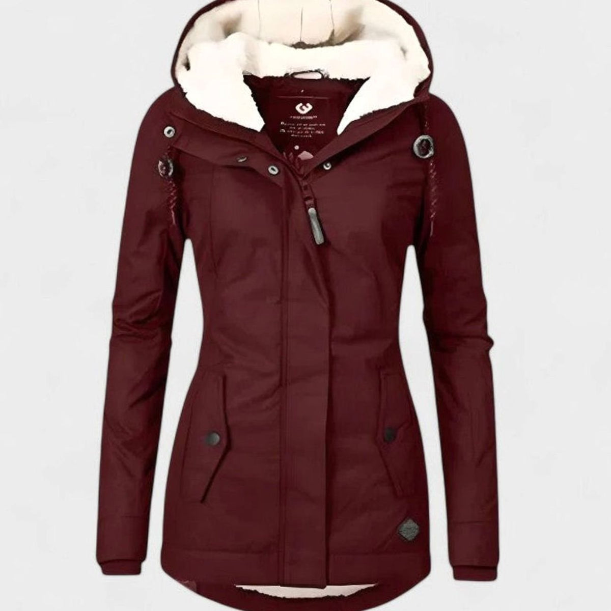 Women's Zip-Front Hooded Casual Coat in Burgundy