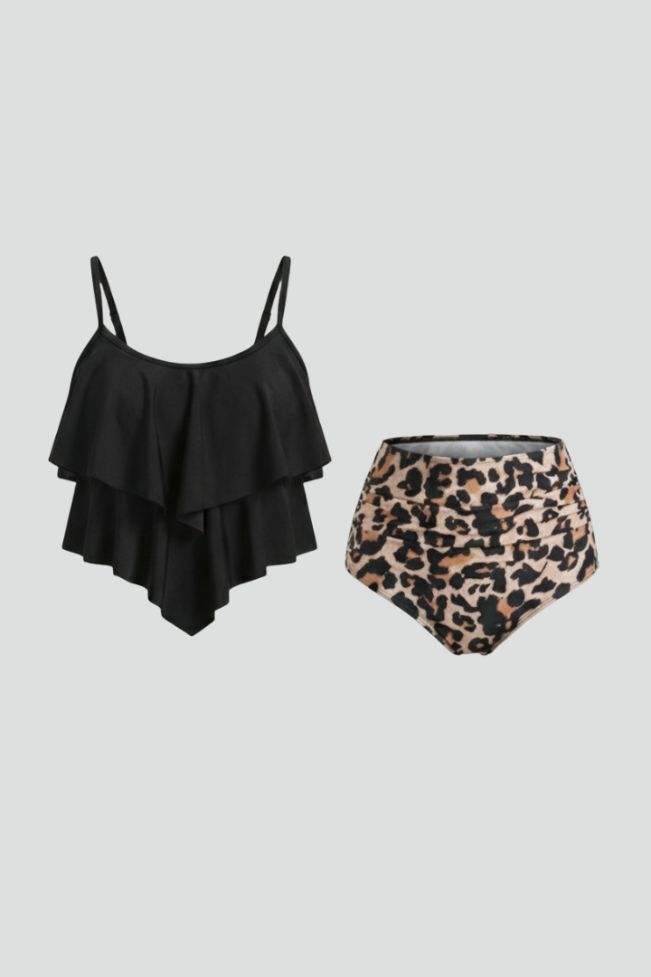Tiered Ruffle Cropped Beach Bikini in Leopard