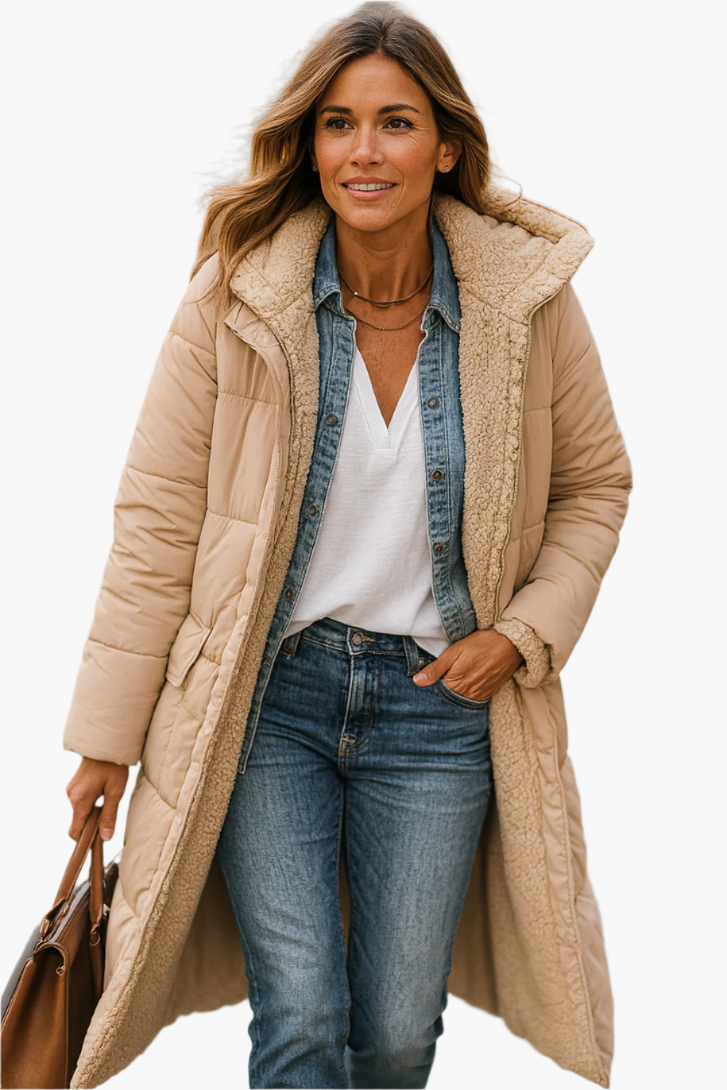Women's Hooded Quilted Long-Sleeve Casual Coat in Beige
