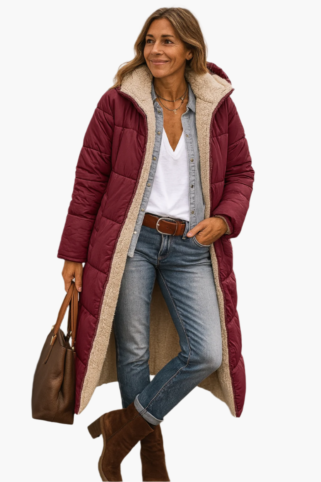 Women's Hooded Quilted Long-Sleeve Casual Coat in Burgundy