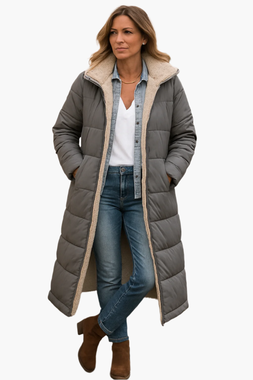 Women's Hooded Quilted Long-Sleeve Casual Coat in Grey