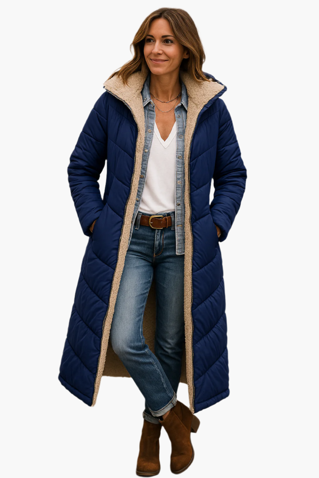 Women's Hooded Quilted Long-Sleeve Casual Coat in Navy