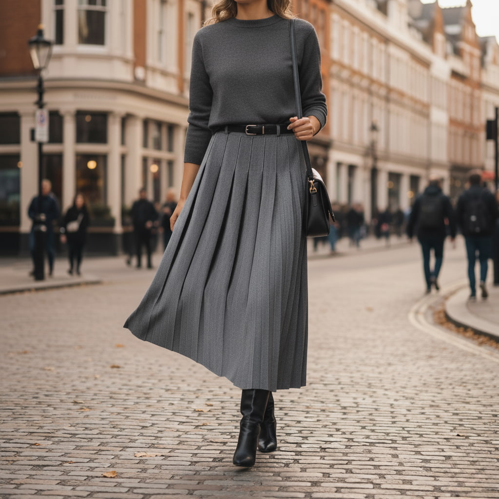 Belted Flared Pleated Casual Skirt in Dark Grey