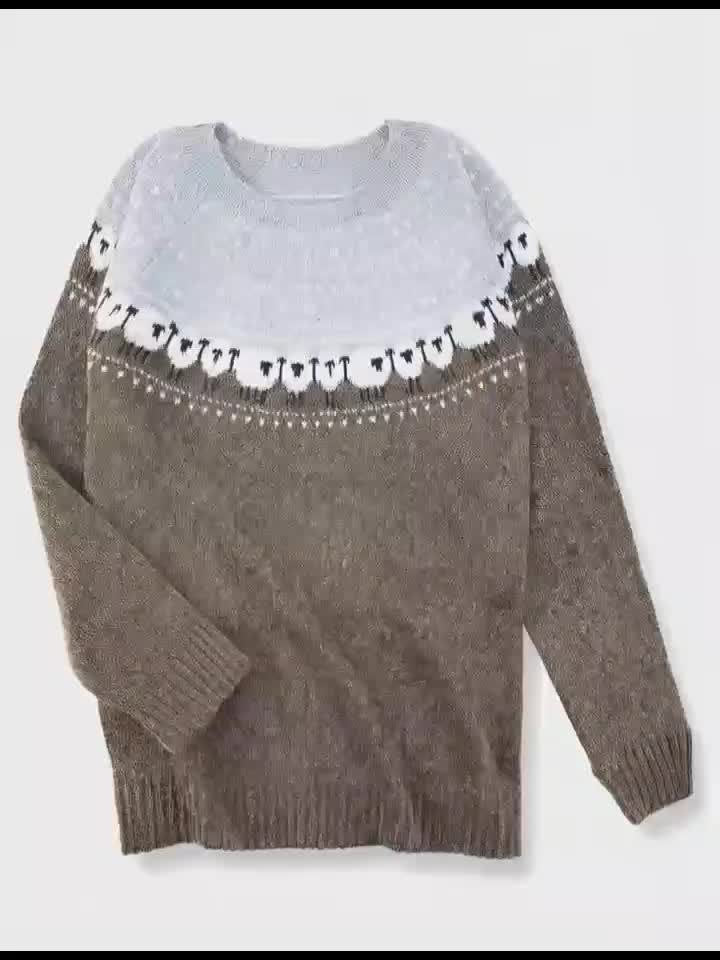 Women's Sheep Jacquard Yoke Casual Jumper in Taupe