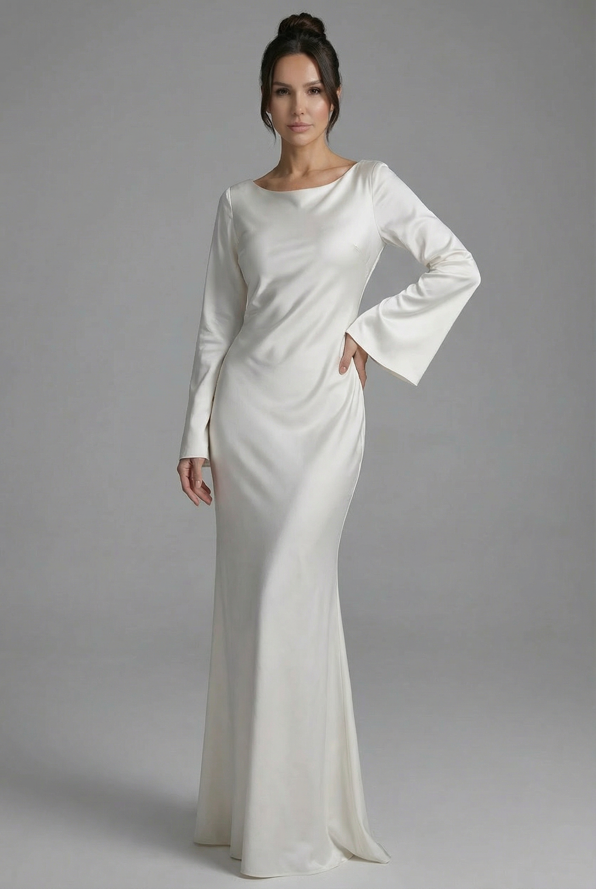 Lace-Up Back Flared-Sleeve Evening Maxi Dress in Cream