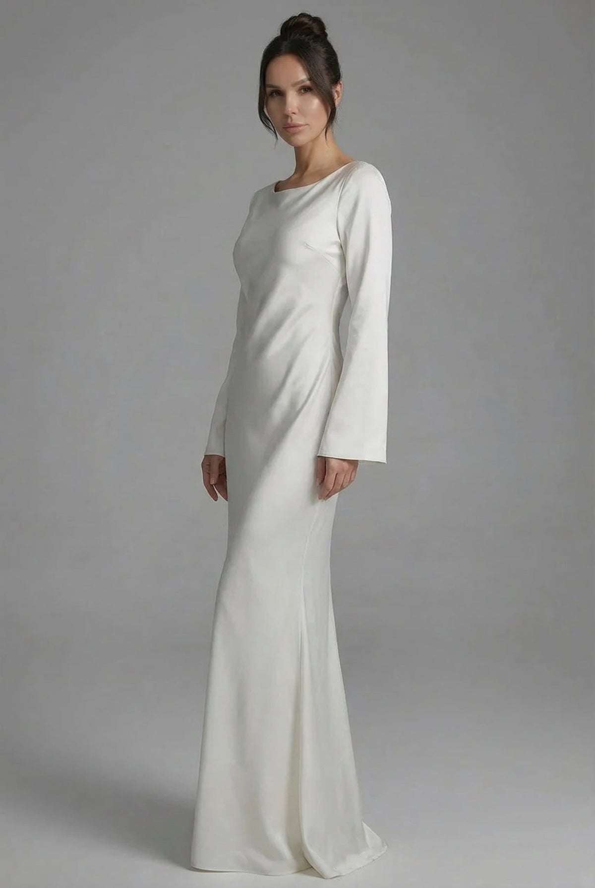 Lace-Up Back Flared-Sleeve Evening Maxi Dress in Cream