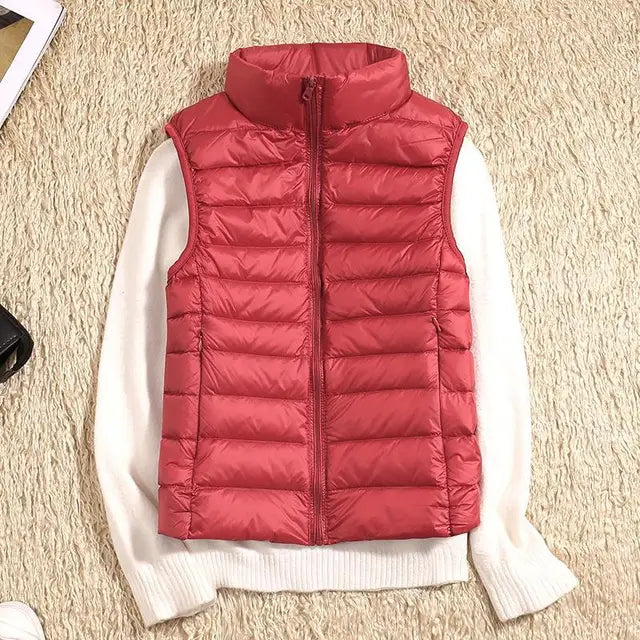 Women's Stand-Collar Zip-Front Casual Gilet in Brick Red