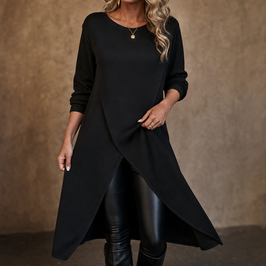 Women's Wrap-Front Longline Casual Jumper in Black