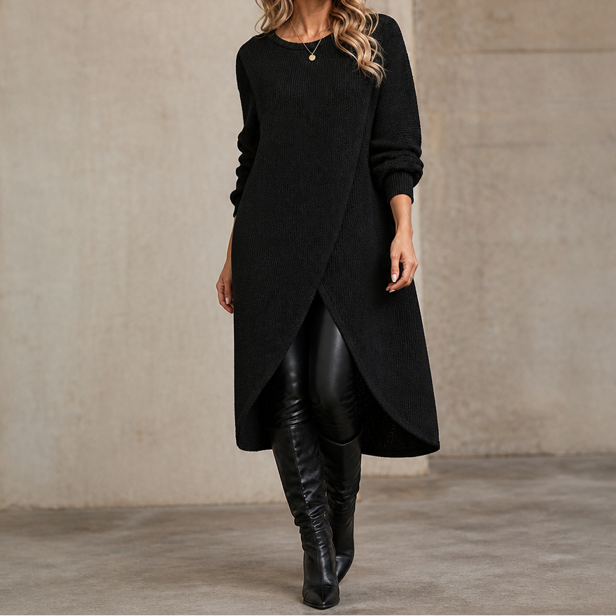 Women's Wrap-Front Longline Casual Jumper in Black