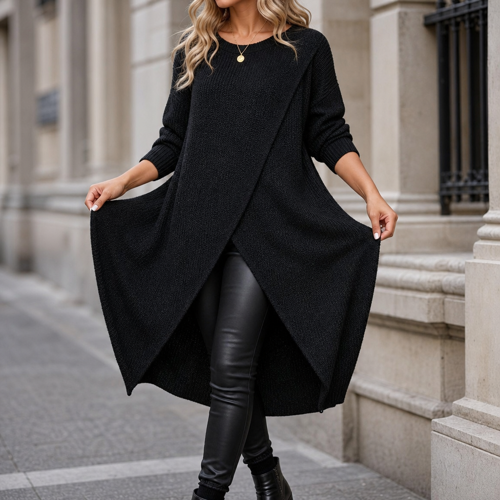 Women's Wrap-Front Longline Casual Jumper in Black