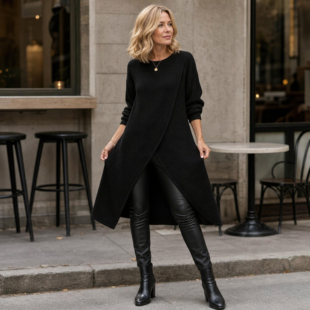 Women's Wrap-Front Longline Casual Jumper in Black