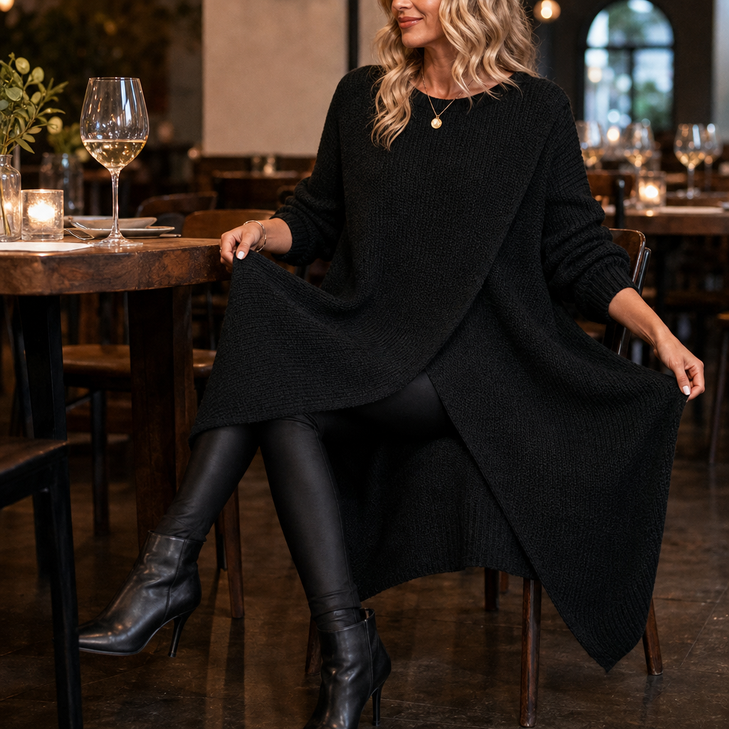 Women's Wrap-Front Longline Casual Jumper in Black