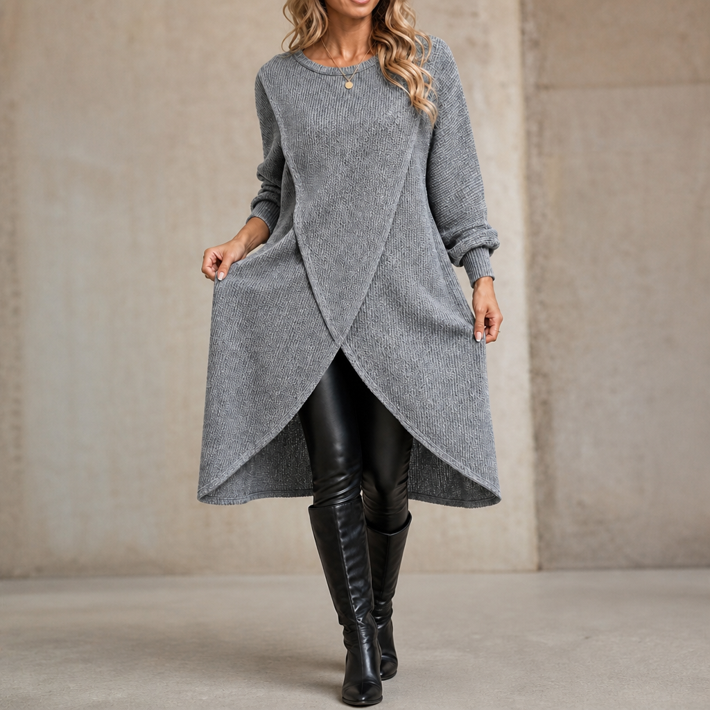 Women's Wrap-Front Longline Casual Jumper in Grey