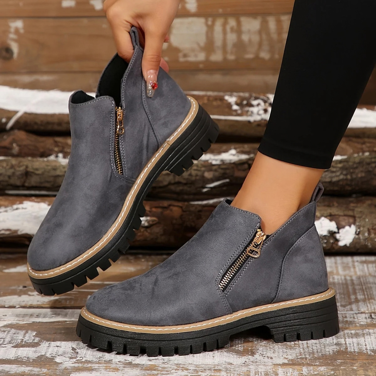 Women's Side-Zip Casual Ankle Boots in Grey