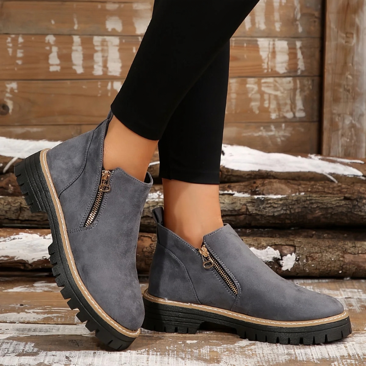 Women's Side-Zip Casual Ankle Boots in Grey