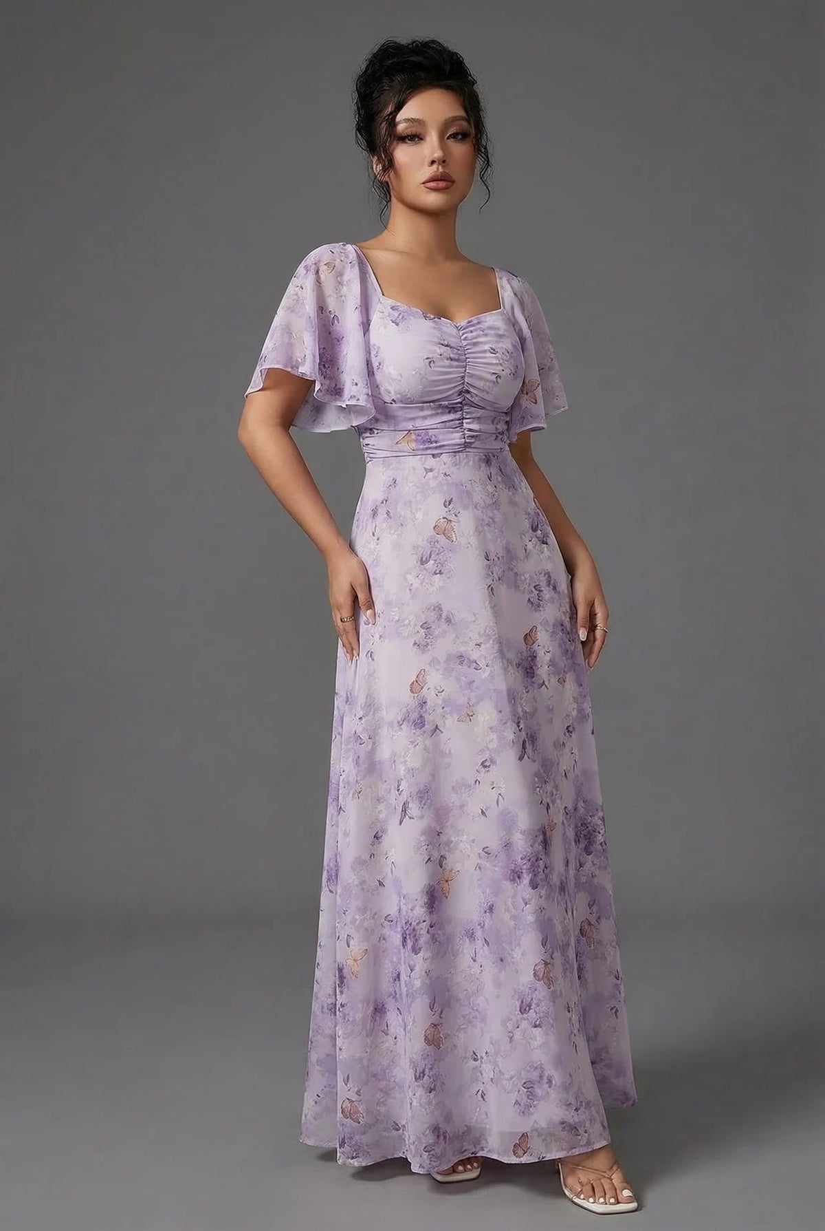 Ruched Wedding Guest Maxi Dress in Lilac