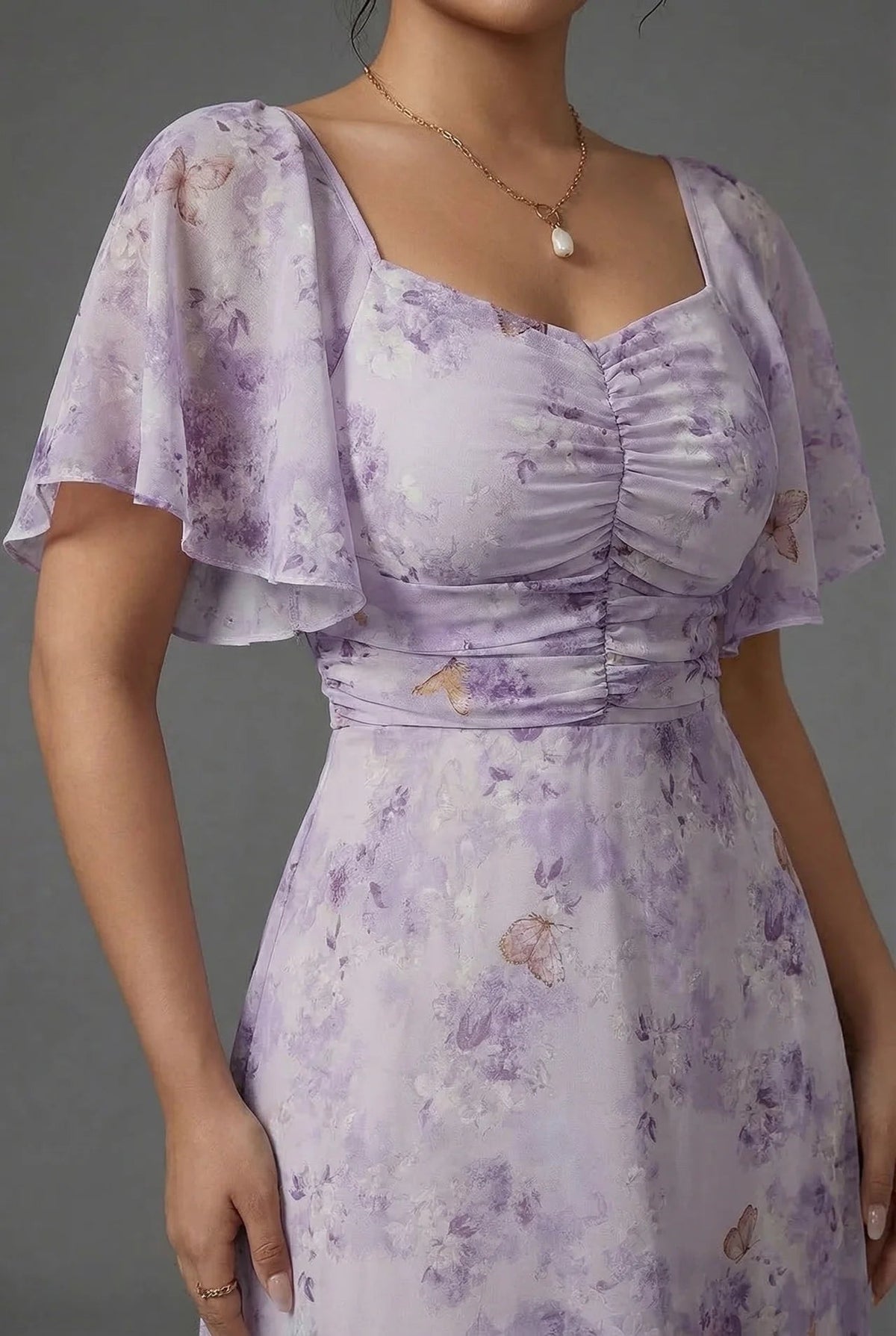 Ruched Wedding Guest Maxi Dress in Lilac