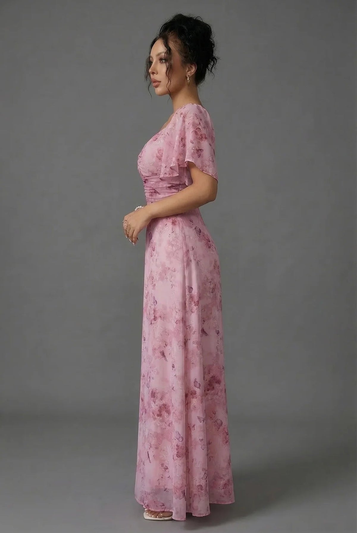Ruched Wedding Guest Maxi Dress in Pink