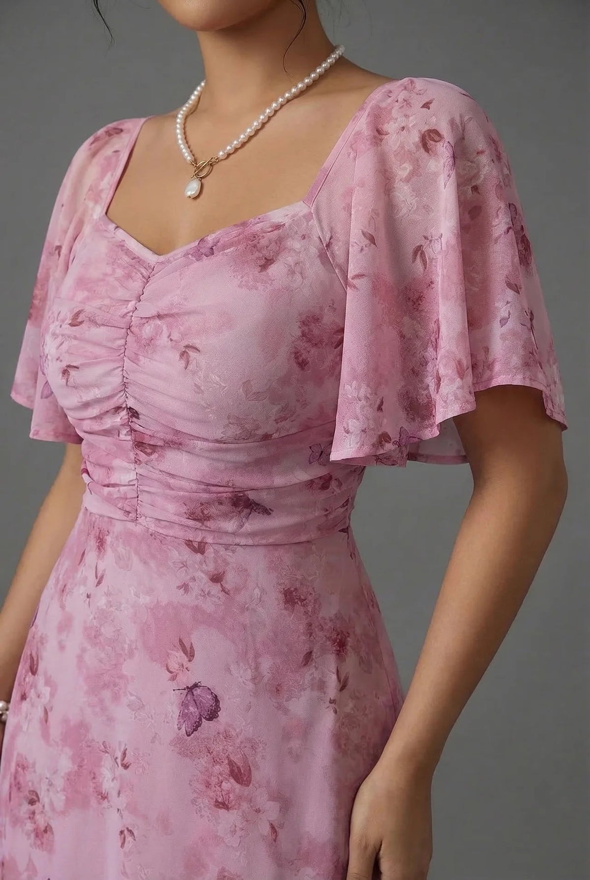 Ruched Wedding Guest Maxi Dress in Pink