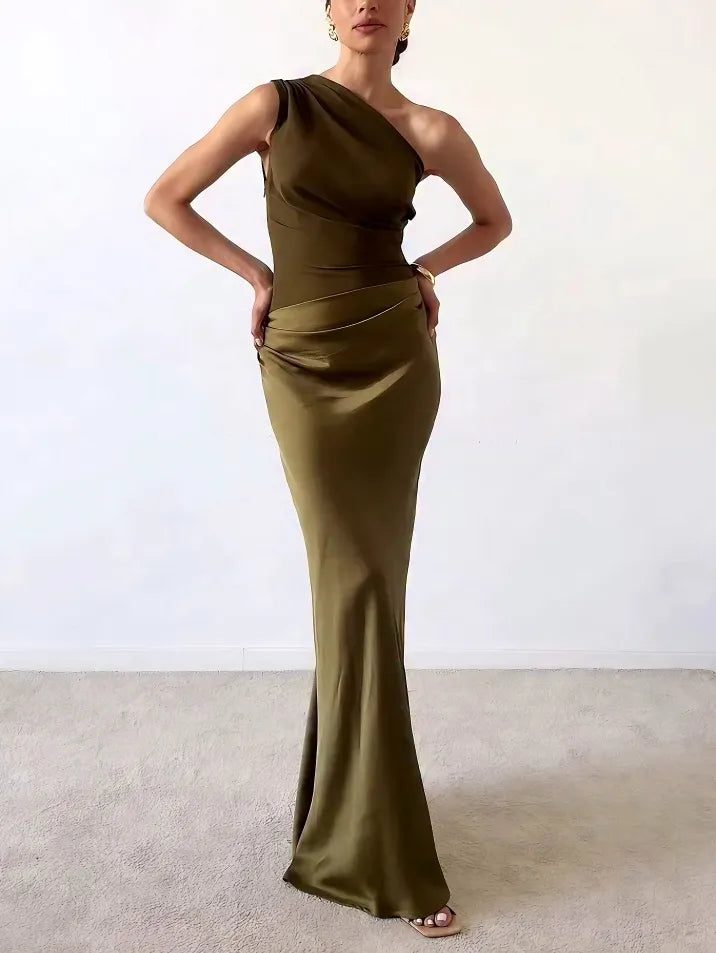 Ruched One-Shoulder Evening Maxi Dress in Olive
