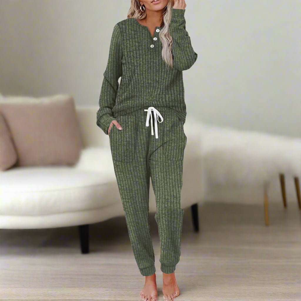 Women's Henley Casual Lounge Set in Olive