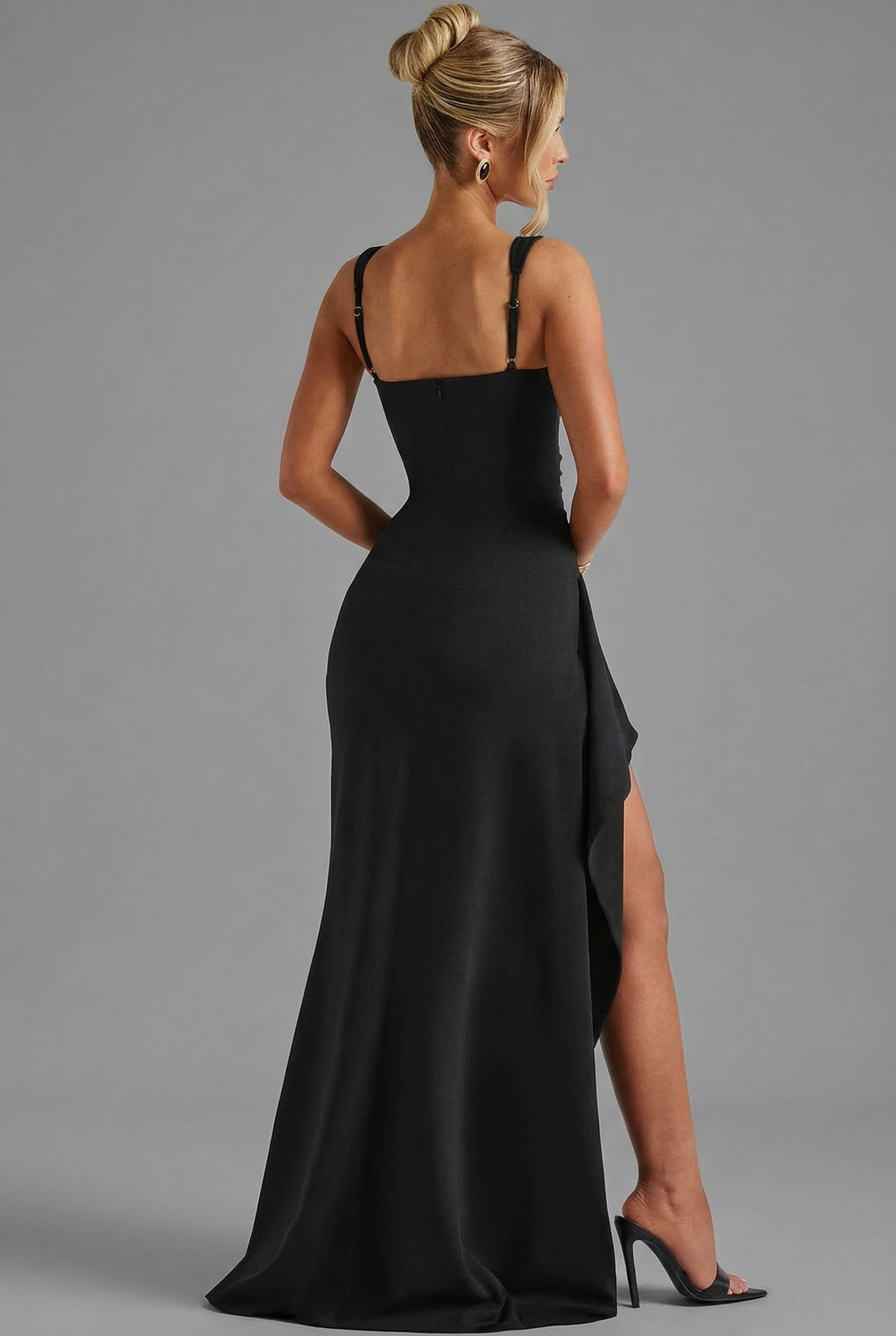 Ruched High-Slit Evening Maxi Dress in Black