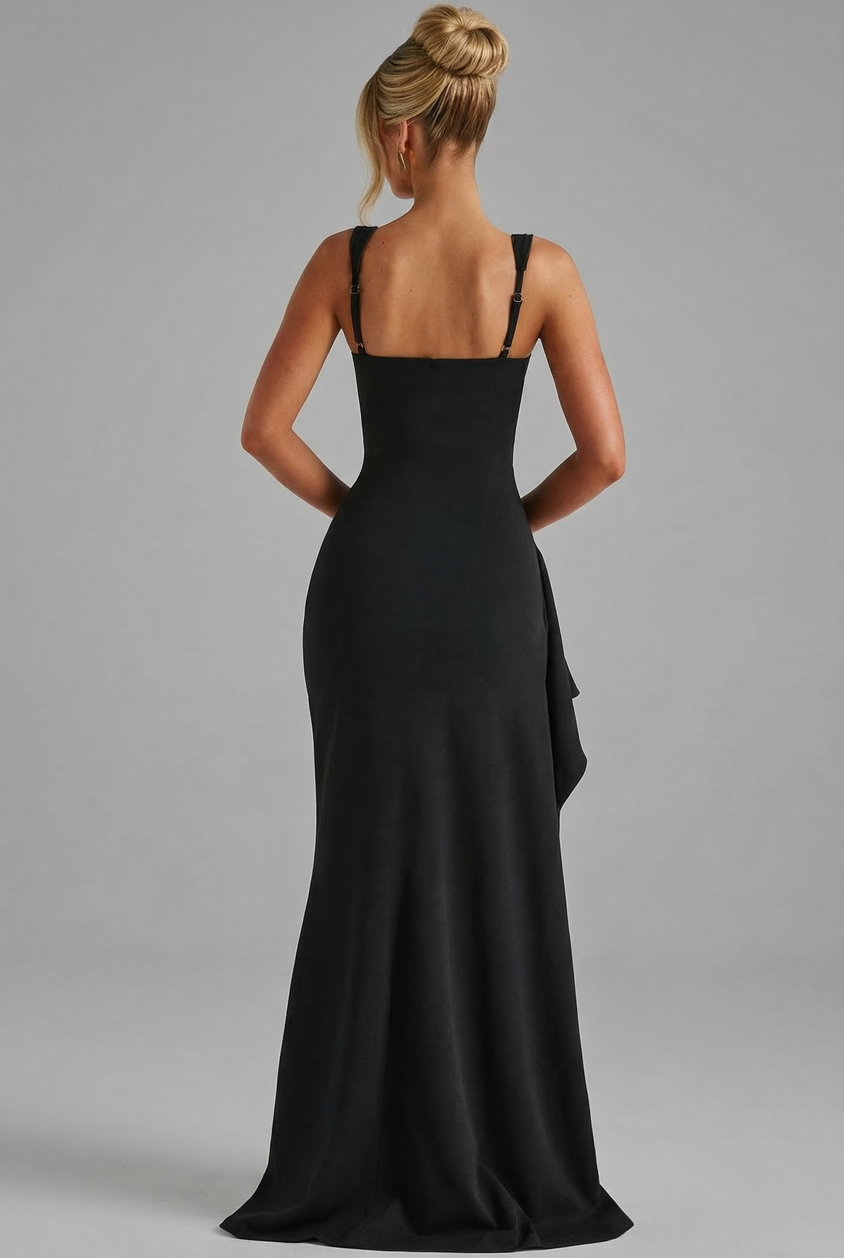 Ruched High-Slit Evening Maxi Dress in Black