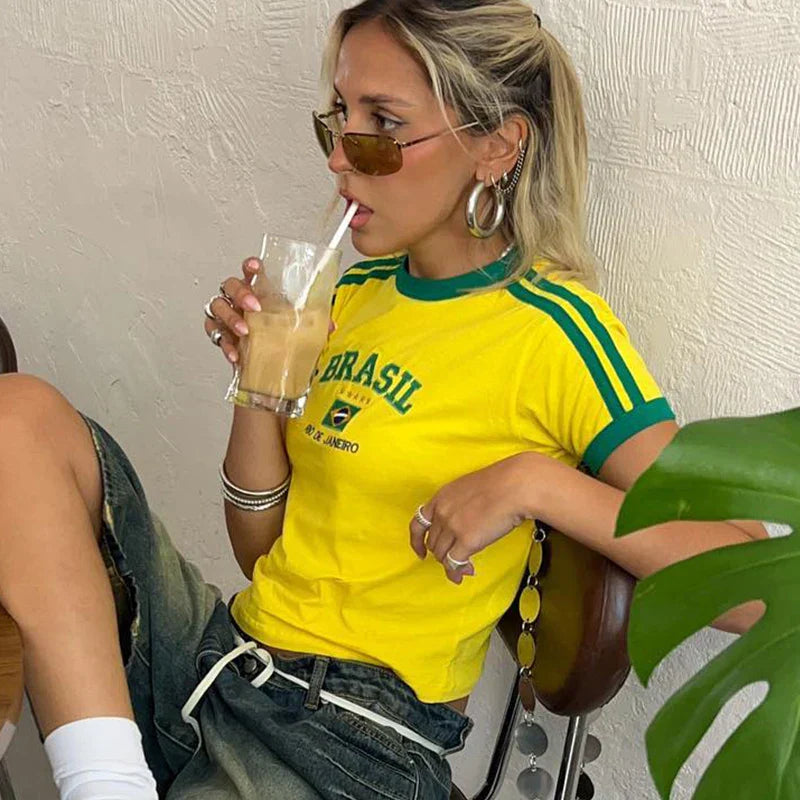 Women's Striped Sleeve Cropped Casual T-Shirt in Yellow