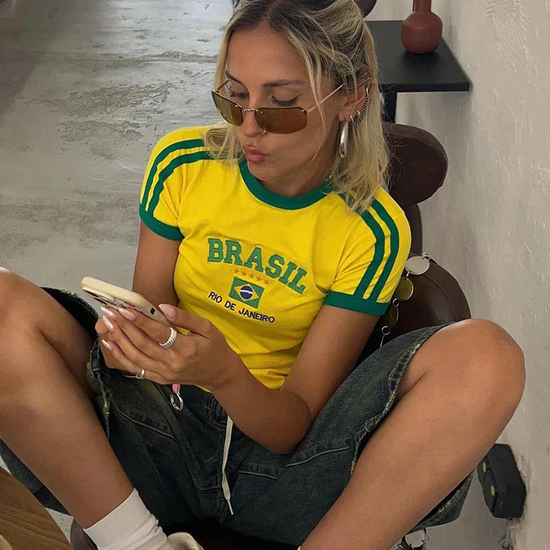 Women's Striped Sleeve Cropped Casual T-Shirt in Yellow