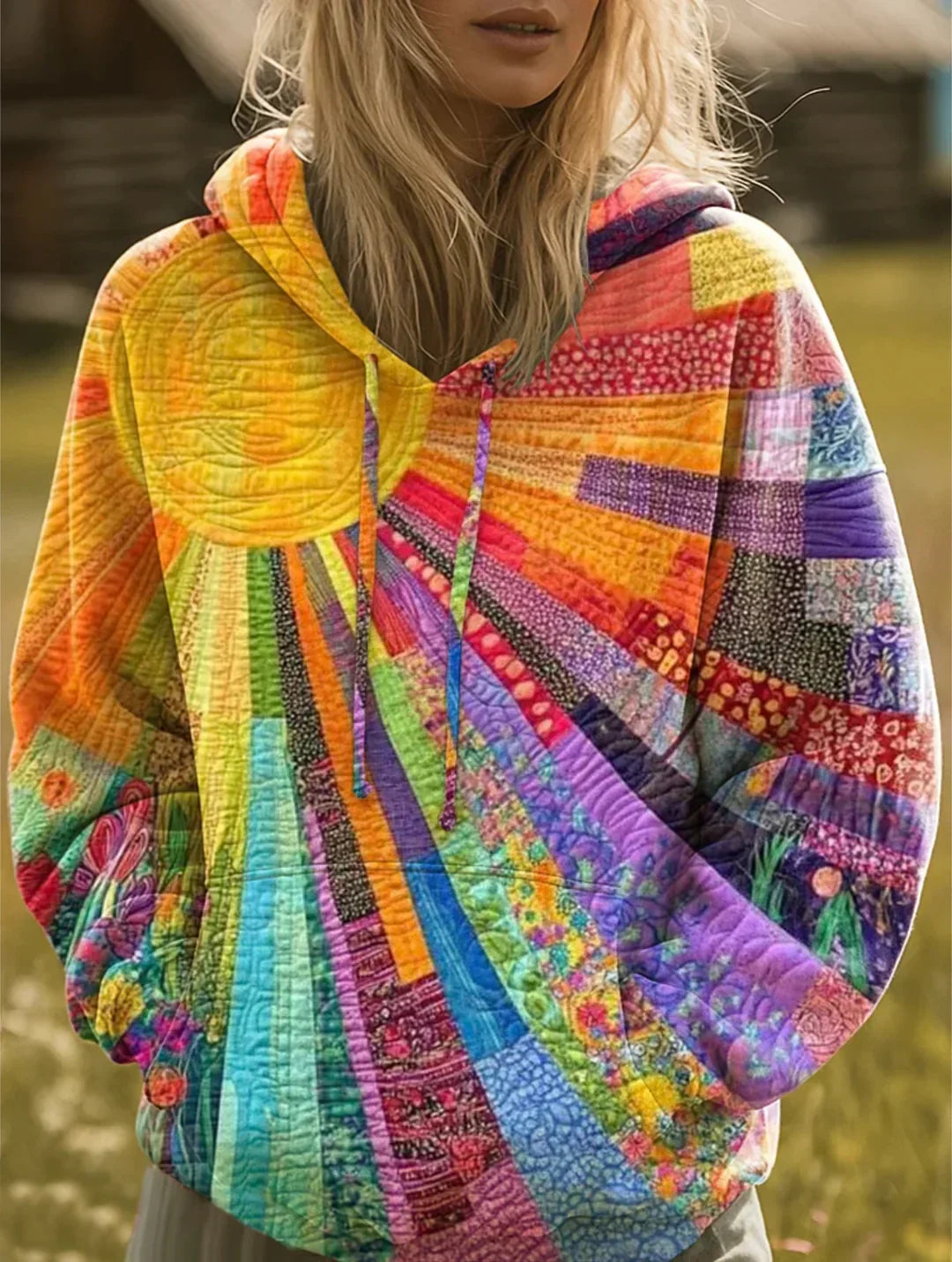 Women's Quilted Patchwork Casual Hoodie in Multicolour